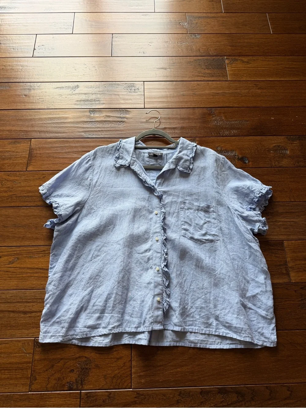 J. Crew Soft Light Blue Short-Sleeve Linen Button Shirt w/Ruffle Detail Size 2x
